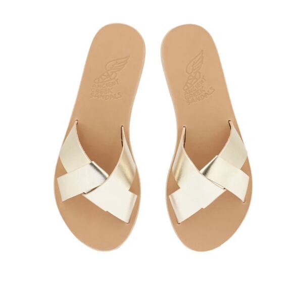 Ancient Greek Sandals Whitney Leather Slides 39 Platinum Gold Resort Beach Boho